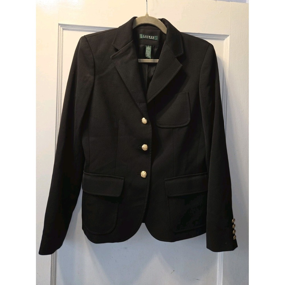 Vtg LRL Ralph LAUREN Black 100% Wool Blazer Jacket Gold Buttons LIned Women's 4